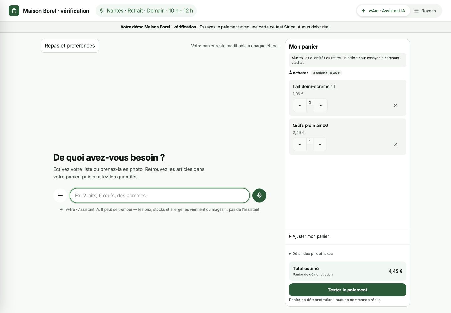 Parcours réel de démonstration : une demande de deux laits et d’une boîte d’œufs remplit un panier à 4,45 €, modifiable avant toute validation.