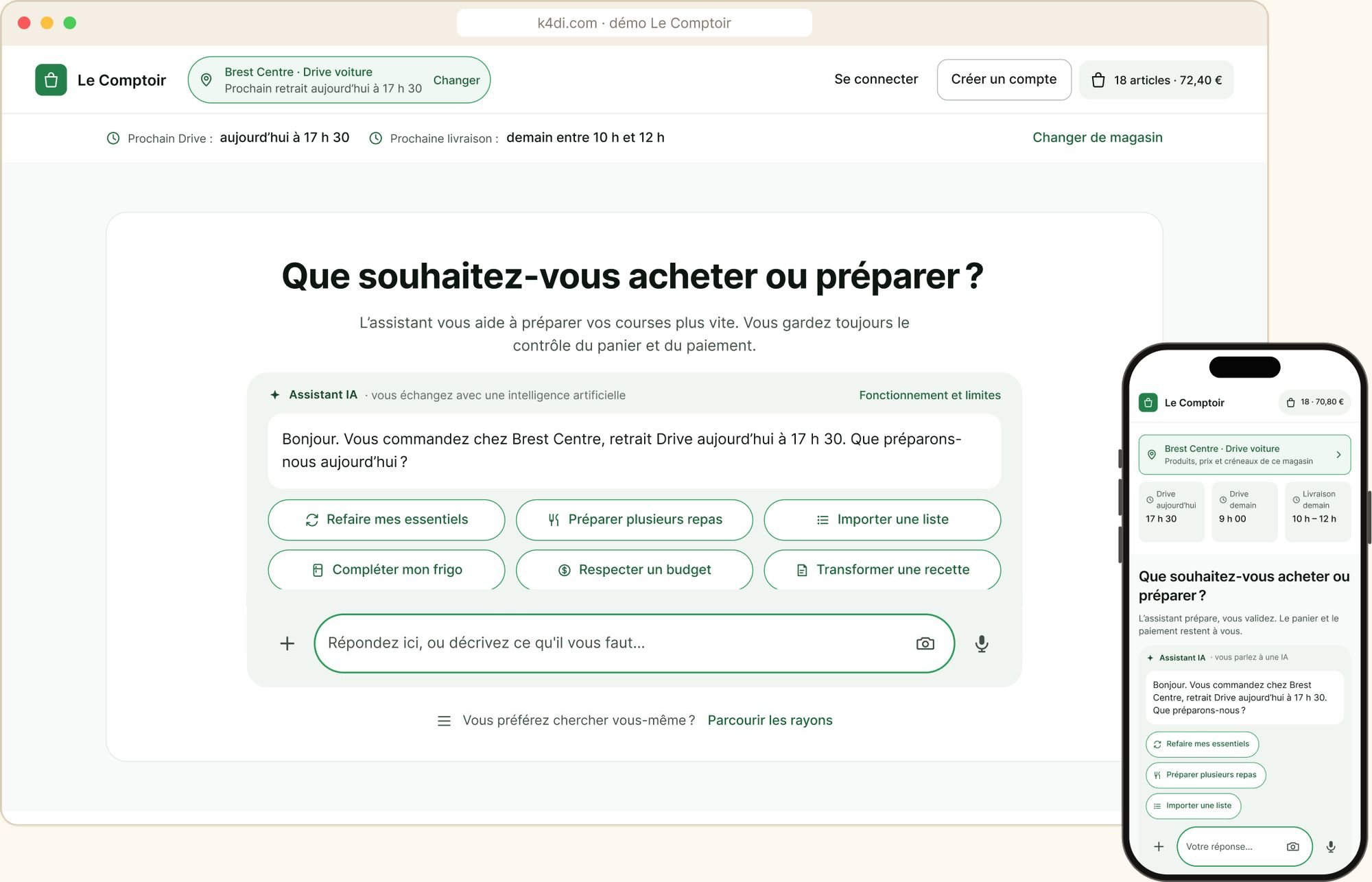 La boutique Le Comptoir avec l'assistant k4di : le client décrit ses courses, l'agent propose un panier. Vue navigateur et mobile.