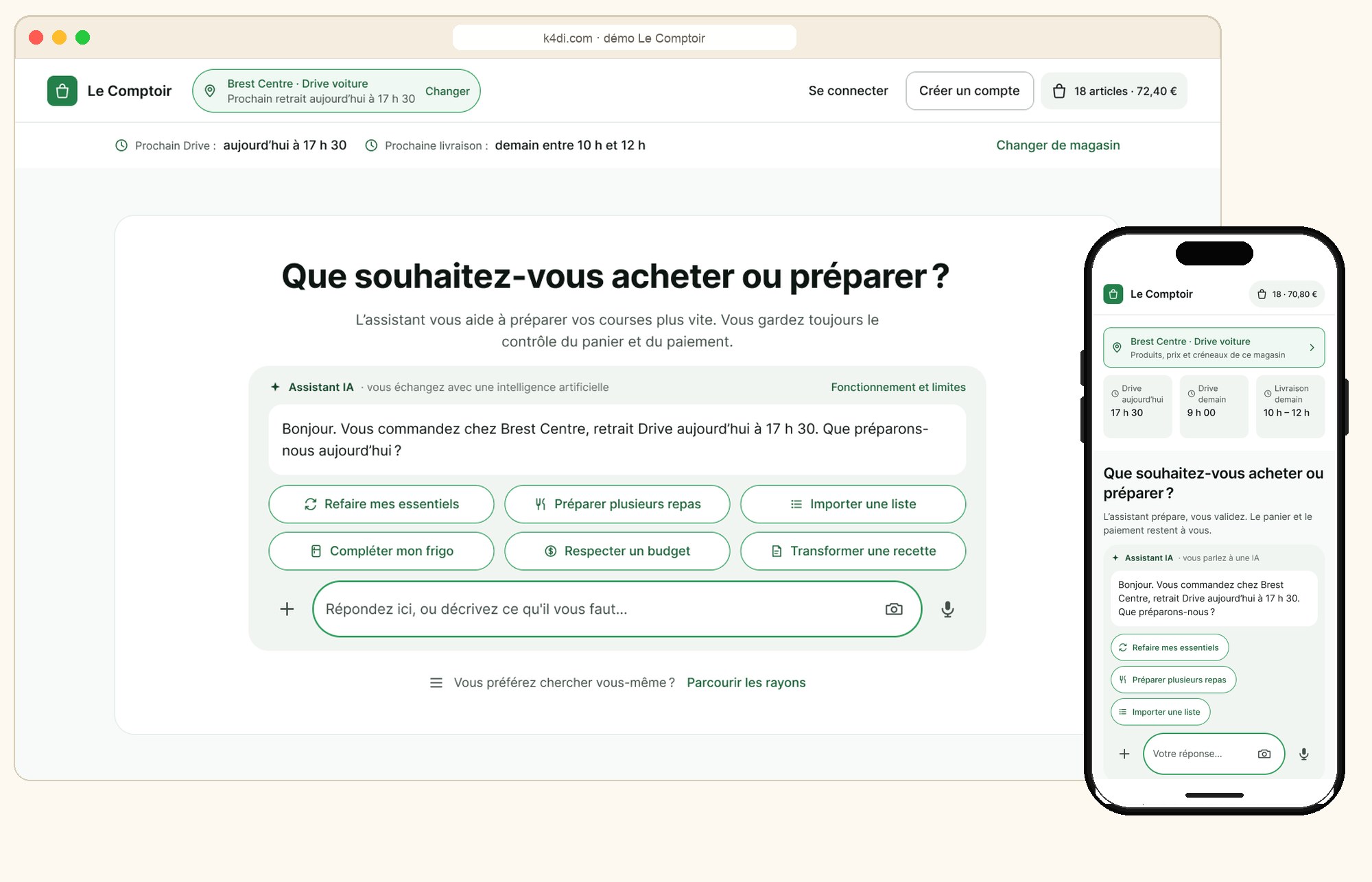 La boutique Le Comptoir avec l’assistant k4di : le client choisit son magasin, décrit ses courses et garde le contrôle du panier. Vues bureau et mobile.